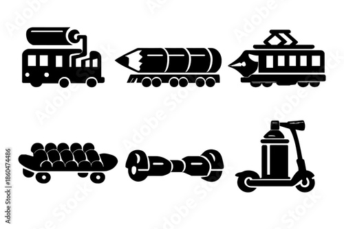 Creative Vehicle Icons. Solid vector icons of creative vehicles: paint roller bus, pencil train, ink pen tram, pastel skateboard,