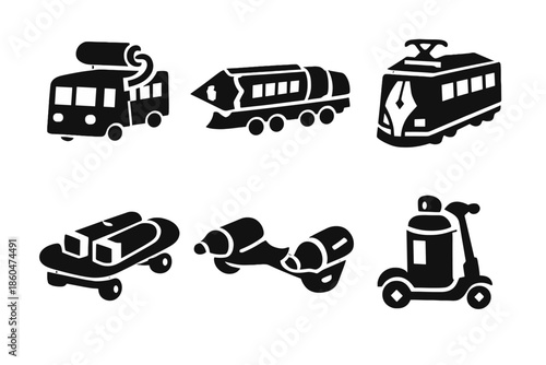 Creative Vehicle Icons. Solid vector icons of creative vehicles: paint roller bus, pencil train, ink pen tram, pastel skateboard,
