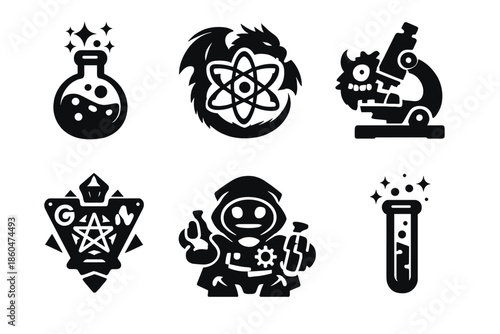 Fantasy Science Icons. Solid vector icons of science and fantasy: potion flask with magic, dragon-shaped atom, microscope with