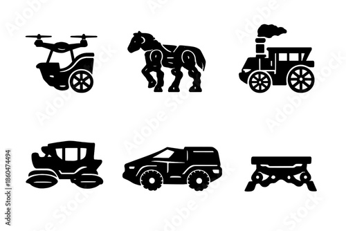 Hybrid Vehicle Icons. Solid vector icons of hybrid vehicles: chariot-drone, horse mech, steam carriage, hover carriage, cyber