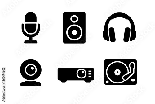 Digital Media Icons. Solid vector icons of digital media tools: microphone, speaker, headphones, webcam, projector, turntable No