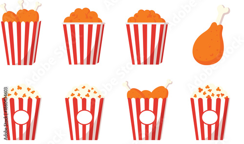 Fried chicken popcorn buckets and drumstick icons collection for fast food, snacks, and takeaway concepts isolated on white background vector illustration