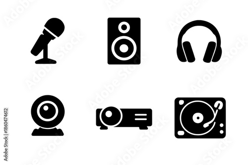 Digital Media Icons. Solid vector icons of digital media tools: microphone, speaker, headphones, webcam, projector, turntable No