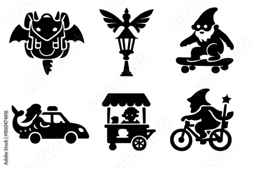 Fantasy Urban Icons. Solid vector icons of fantasy and urban life: dragon backpack, fairy streetlamp, gnome skateboard, mermaid