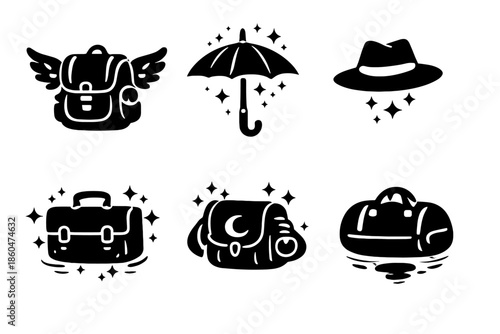 Urban Fantasy Icons. Solid vector icons of urban fantasy objects: backpack with wings, glowing umbrella, floating hat, enchanted