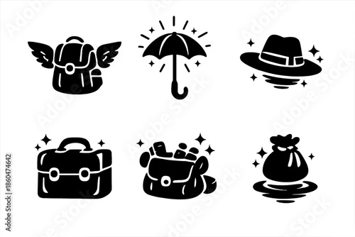 Urban Fantasy Icons. Solid vector icons of urban fantasy objects: backpack with wings, glowing umbrella, floating hat, enchanted