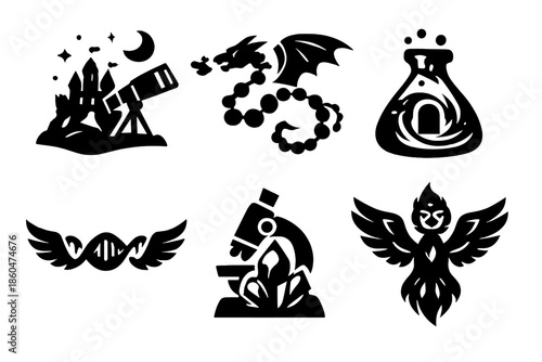 Fantasy Science Icons. Solid vector icons of science and fantasy worlds: telescope with castle, molecule dragon, lab flask portal,