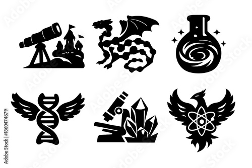 Fantasy Science Icons. Solid vector icons of science and fantasy worlds: telescope with castle, molecule dragon, lab flask portal,