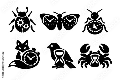 Time-Inspired Animal Icons. Solid vector icons of temporal insects and animals: beetle with gears, moth with clock wings, ant with