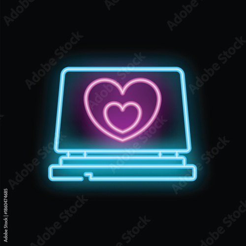 Neon sign depicting a laptop with two hearts glowing on the screen, symbolizing online dating or virtual love