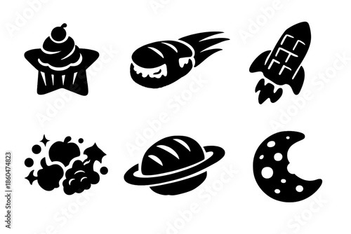 Whimsical Cosmic Food Icons. Solid vector icons of whimsical food items: cupcake star, sushi comet, chocolate bar rocket, fruit
