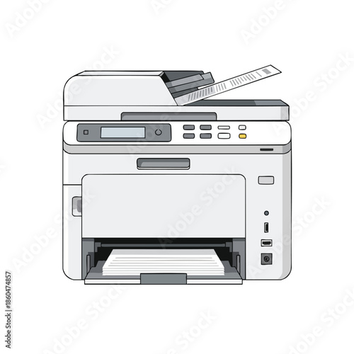 A detailed front view of a white multi-function office printer