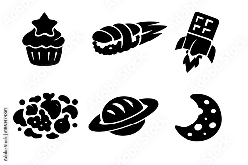 Whimsical Cosmic Food Icons. Solid vector icons of whimsical food items: cupcake star, sushi comet, chocolate bar rocket, fruit