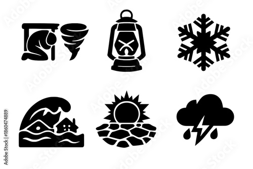 Extreme Weather Icons. Solid style icons of Extreme Weather: tornado drill, hurricane lantern, blizzard crystal, flood wave,