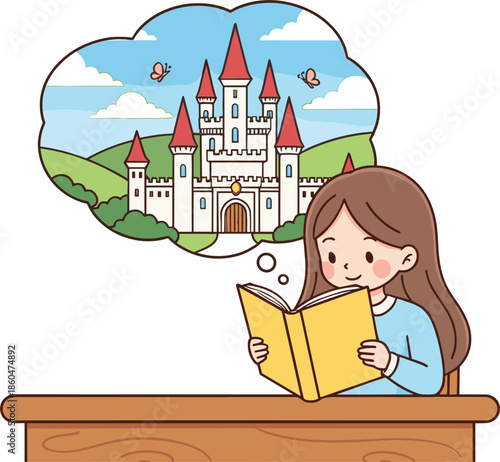 Girl Reading Book And Imagining Fairy Tale Castle Fantasy Dream Illustration For Children Education Storytelling