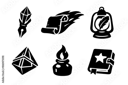 Artistic Writing Icons. Solid style icons of Artistic Writing Tools: fountain pen crystal, parchment comet, quill lantern,