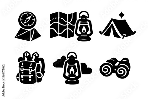 Journey Essentials Icons. Solid style icons of Journey Essentials: compass prism, map lantern, tent star, backpack crystal,
