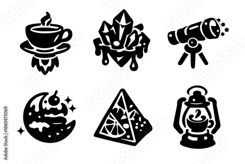 Gourmet Icon Collection. Solid style icons of Gourmet Collectibles: tea cup rocket, honey crystal, spice telescope, cake moon,