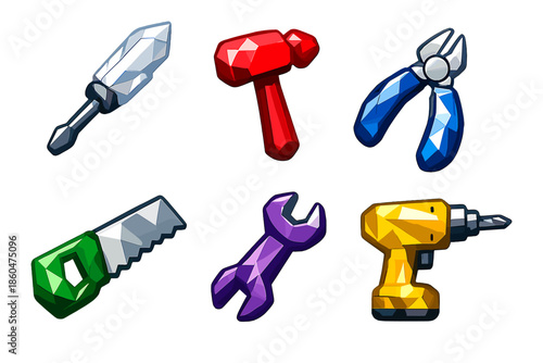 Gemstone Tool Icons. Solid style icons of Mystic Tools: quartz screwdriver, ruby hammer, sapphire pliers, emerald saw, amethyst