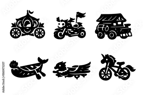 Magical Transportation Icons. Solid style icons of Magical Rides: elf carriage, goblin tricycle, dwarf wagon, mermaid canoe,