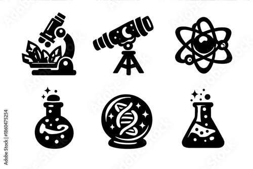 Enchanted Science Icons. Solid style icons of Enchanted Science: crystal microscope, potion telescope, rune atom, magical flask,