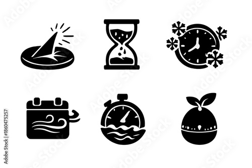 Natural Timepiece Icons. Solid style icons of Natural Timepieces: sundial sunbeam, hourglass rain, clock snowflake, calendar wind,
