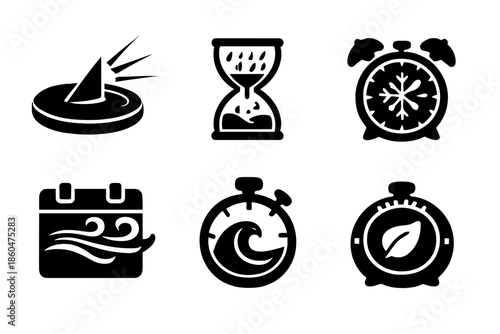 Natural Timepiece Icons. Solid style icons of Natural Timepieces: sundial sunbeam, hourglass rain, clock snowflake, calendar wind,
