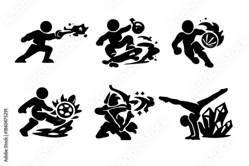 Arcane Sports Icons. Solid style icons of Arcane Athletics: spell fencing, potion skateboarding, flame basketball, ice soccer,