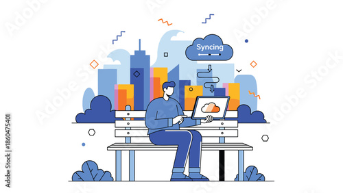 Man working on laptop with cloud syncing in modern cityscape