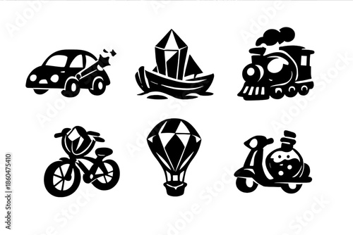 Fantasy Vehicle Icons. Solid style icons of Fantasy Vehicles: car wand, boat crystal, train orb, bicycle prism, hot air balloon