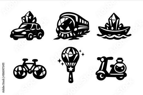 Arcane Vehicle Icons. Solid style icons of Arcane Mobility: car crystal, train orb, boat prism, bicycle gem, hot air balloon wand,