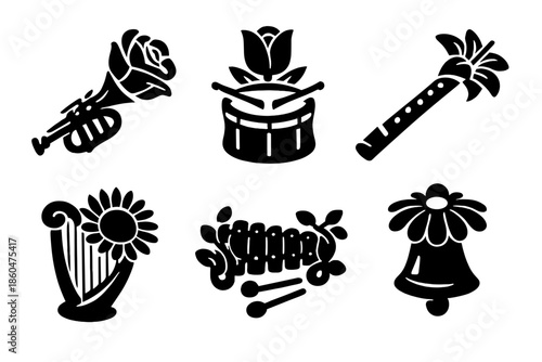 Floral Instrument Icons. Solid style icons of Flowering Instruments: rose trumpet, tulip drum, lily flute, sunflower harp, vine
