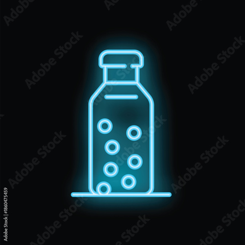 Blue neon sign of a bottle full of vitamins or pills glowing on a black background