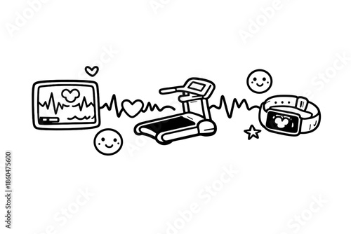 Cardio Doodle Icons. Doodle-style vector icon of cardio rhythm visualization, fitness machine and wristband connected by pulsing
