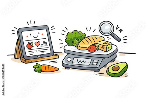 Doodle Dietitian Cookbook. Doodle-style vector icon of a digital dietitian cookbook on a kitchen counter, food being weighed and