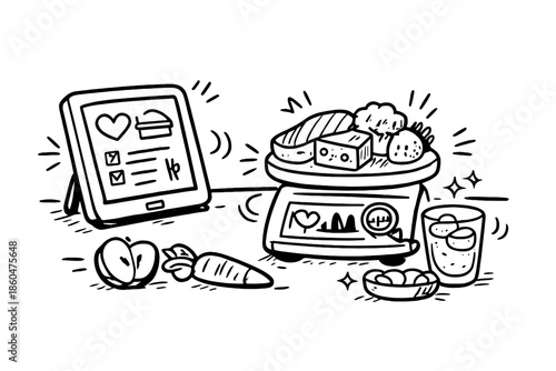 Doodle Dietitian Cookbook. Doodle-style vector icon of a digital dietitian cookbook on a kitchen counter, food being weighed and