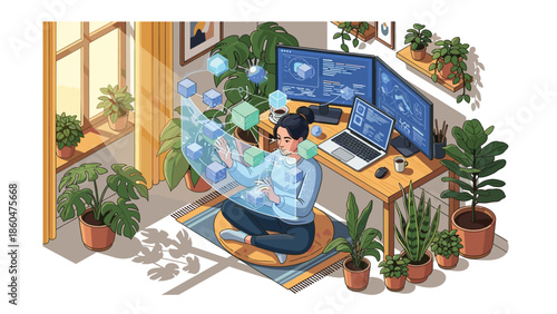 Woman working remotely with futuristic interface in lush home office
