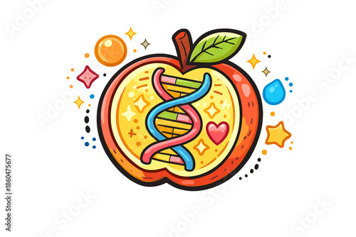 Whimsical Fruit DNA. Doodle-style vector icon of a fruit sliced open to reveal a colorful DNA-like structure inside, playful glow