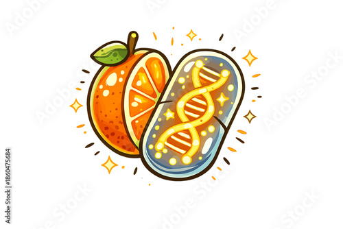 Fruity Vitamin Capsule Icon. Doodle-style vector icon of a complete vitamin code symbol, fruit-capsule hybrid with fully