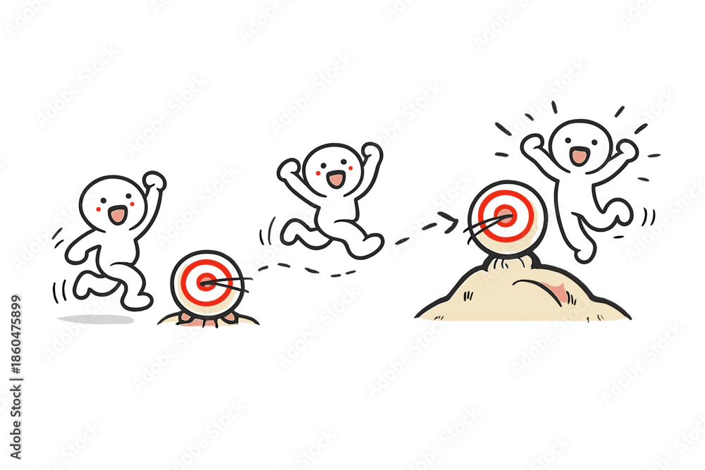 Fototapeta premium Evolving Goals Icon. Doodle-style vector icon of evolving goals visualization, target center moving as progress is made, joyful