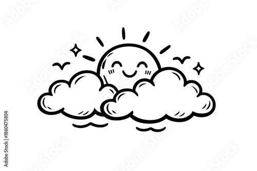 Sunny Mood Harmony. Doodle-style vector icon of a completed daily mood weather report, clear skies with happy sun and clouds in