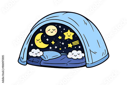 Celestial Sleep Tent. Doodle-style vector icon of a noise-blocking sleep tent, soft shell outside, dreamy starry universe inside,