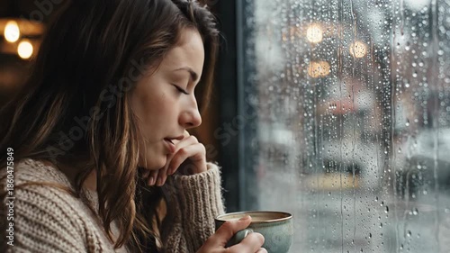 4K Woman Enjoying Hot Coffee by Rainy Window Pensive Mood