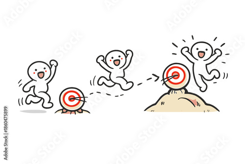 Evolving Goals Icon. Doodle-style vector icon of evolving goals visualization, target center moving as progress is made, joyful