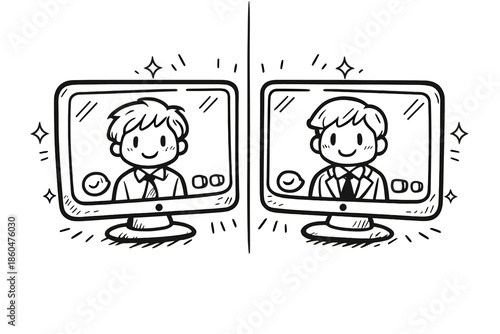 Mirror Interview Doodle. Doodle-style vector icon of a completed mirror interview, candidate and company screens perfectly aligned