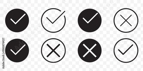 Check mark icon set with editable strokes. Accepted, rejected, approved, disapproved, right, wrong, correct.