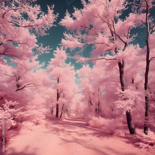 a serene pathway through trees covered in soft pink foliage. The dreamy, pastel-toned landscape creates a peaceful and surreal atmosphere, evoking fantasy, calmness, and visual poetry.