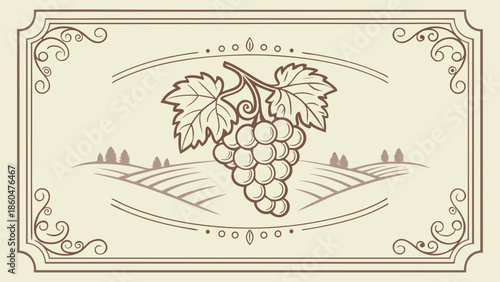 Vintage background vector illustration of a ripe uva cluster on a green vine with leaves for a vineyard nature project or wine label decoration