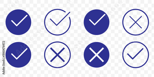 Check mark icon set with editable strokes. Accepted, rejected, approved, disapproved, right, wrong, correct.