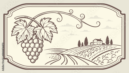 Tropical island beach with palm trees and a lush green vineyard featuring ripe grapes and floral leaves in a nature-inspired vector illustration